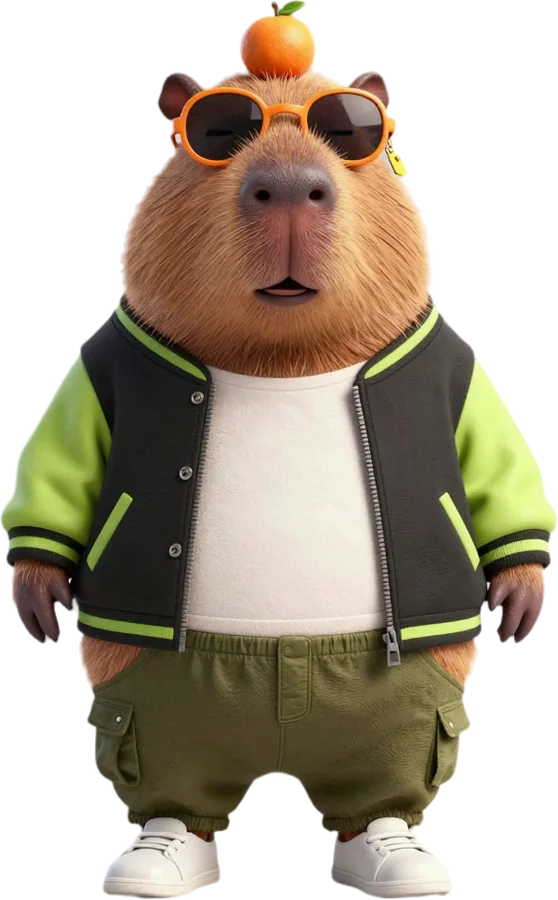 A Capi, capivara mascote da Ofertella, de jaqueta college