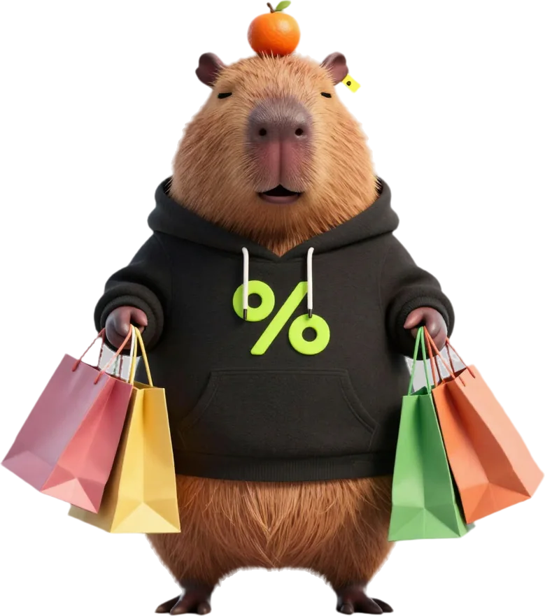 A Capi de moletom preto carregando sacolas de compras