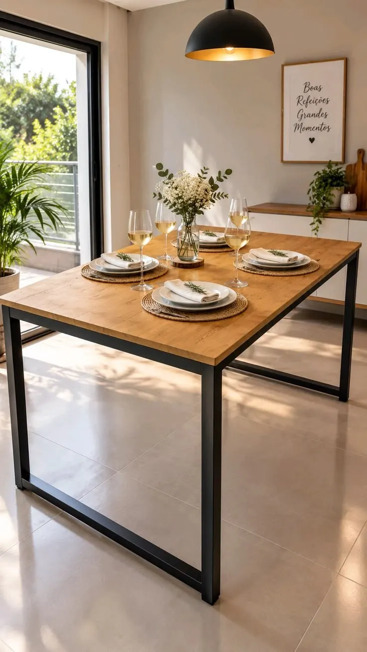 Mesa de Jantar Industrial com Base de Metal e Formato Retangular 120x80 cm