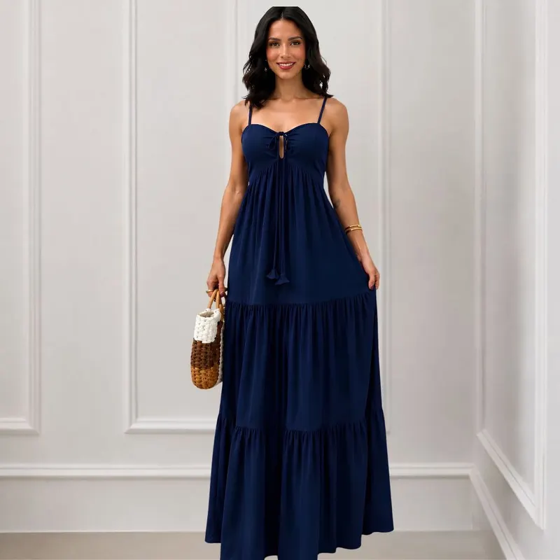 Vestido Longo Feminino Rodado Decote Com Amarração com Lastex nas Costas Moda 2026