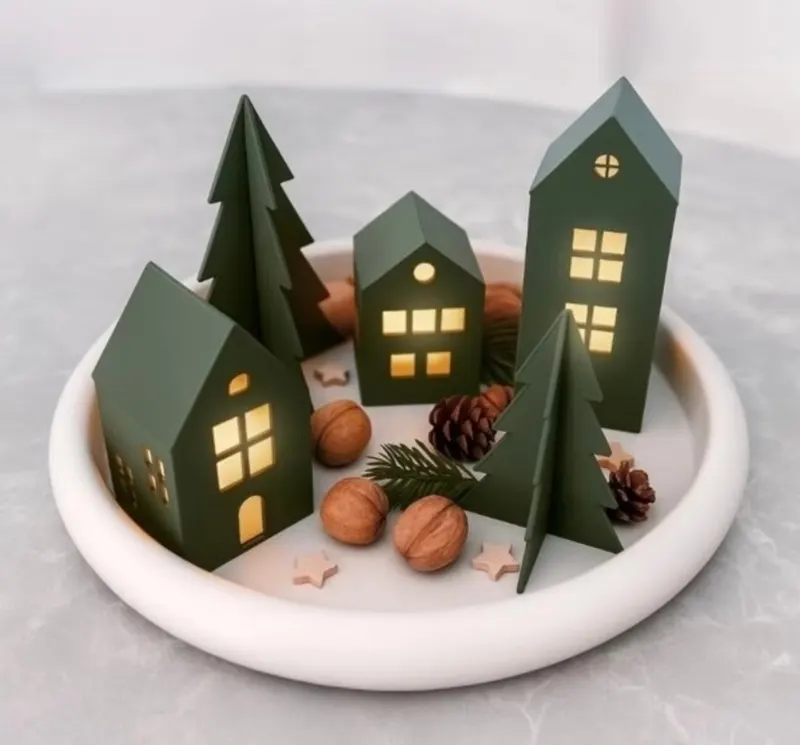 Miniatura de Casa de Natal Verde com Luz Decorativa em Formato de Cidade para Mesa