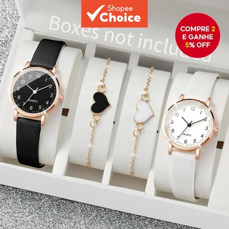 4PCS/Conjuntos Relógio de Quartzo Feminino com Mostrador Árabe e Pulseira de Couro (Sem
