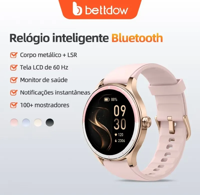 Smartwatch feminino BETTDOW: tela LCD de 1,27 polegadas, resistência à água IP68, caixa de liga metálica, modo esportivo