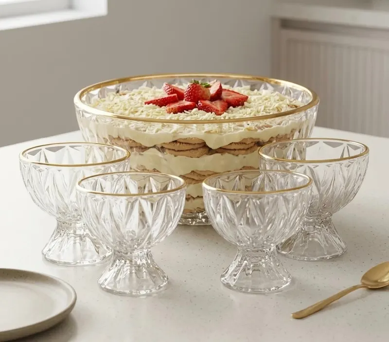 Conjunto 1 Bowl 1L e 4 Taças 120ml Diamond Lyor Cristal com Fio de Ouro para Sobremesas Doces Frutas Mousse Pavê 5 Peças