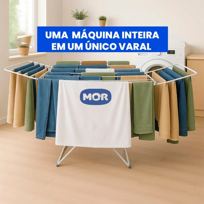 Varal de Chão Grande Maxi MOR com Abas Capacidade 25kg de Roupas Úmidas Não Enferruja Dobrável Aço