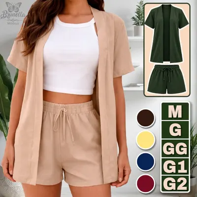 Conjunto Feminino | Kimono + Short, 2 Peças | Manga Curta, Look Elegante Casual Moda 2026