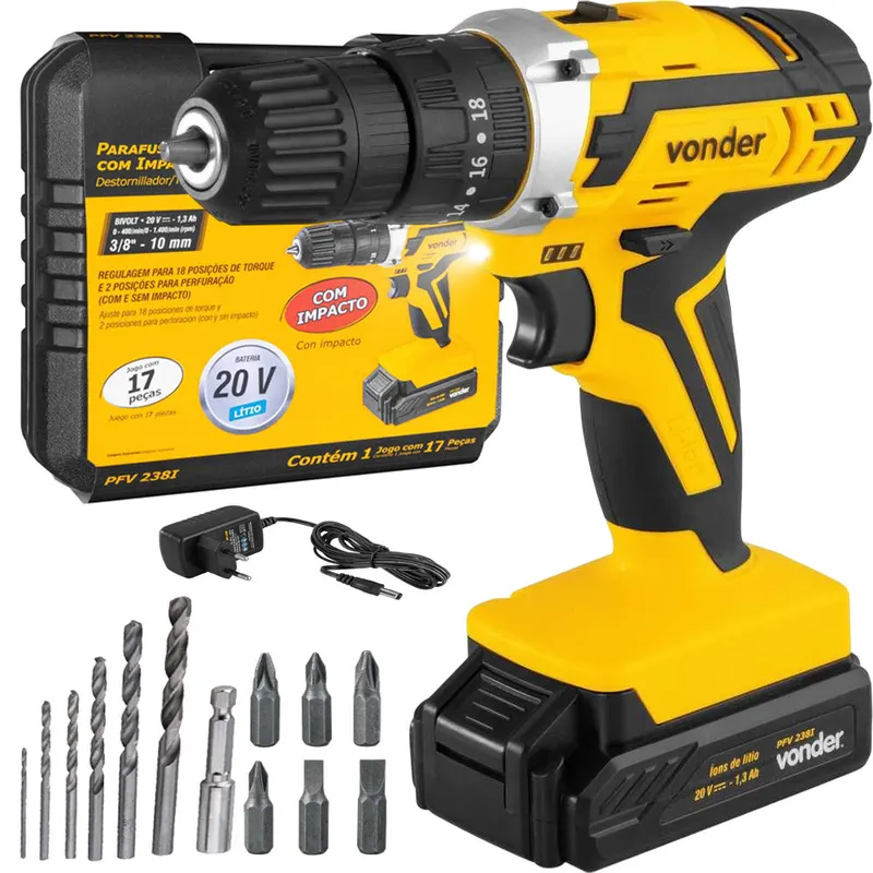 Parafusadeira Furadeira de Impacto 20v Sem Fio Com Maleta Broca e Bits PFV238I Vonder.