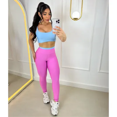 Conjunto Fitness Calça Legging e Top com Bojo Feminino Bicolor Academia Costura Reforçada