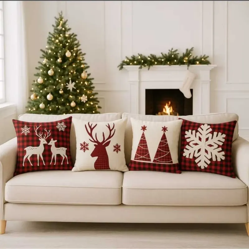Kit 4 Capas de Almofadas Decorativas 45x45cm Feliz Natal Sala Quarto e Decoração