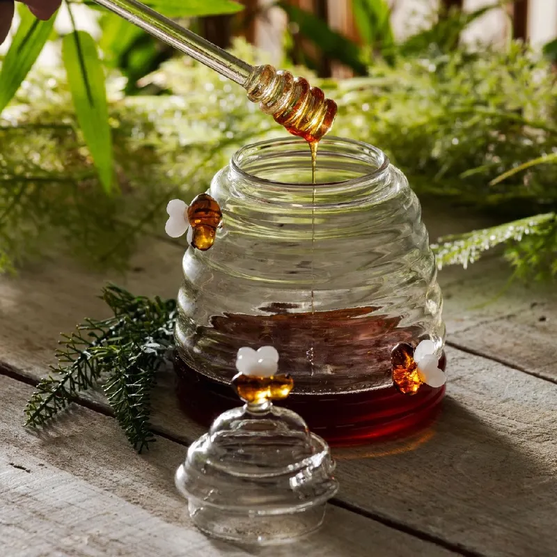 Meleira Portal Mel Lyor de Vidro Borossilicato 470ml com Tampa e Pegador Colméia Bee Abelha Abelhas Abelhinha Fofura Mesa Posta Requintada Fofa Transparente
