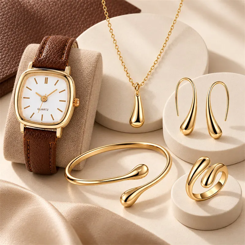 Conjunto Feminino 5 Peças Relógio Colar Brincos Pulseira Anel Dourado