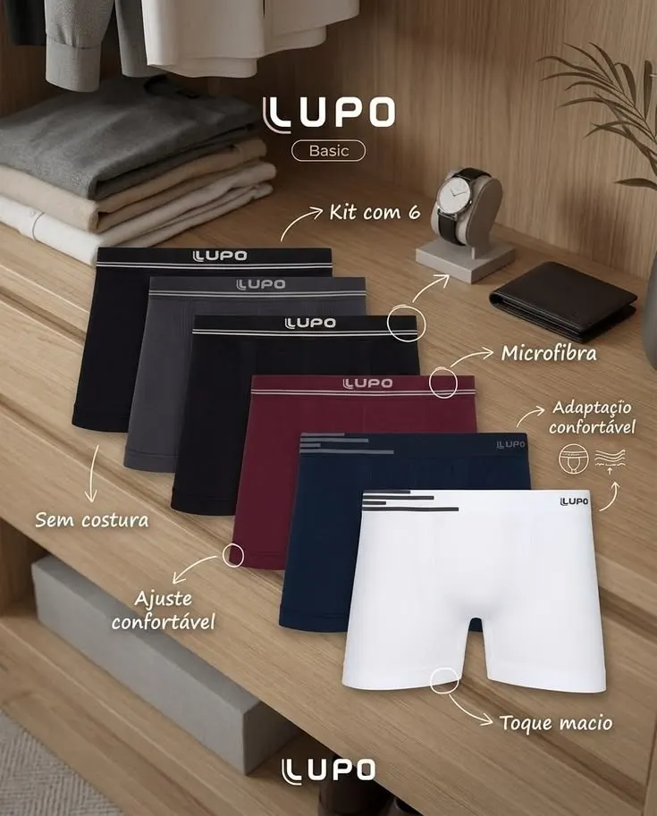 Kit Com 6 Cuecas Lupo Boxer de Microfibra Sem Costura Box Masculina Adulto Original