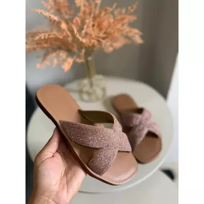 Sandalia Rasteirinha Feminina Glitter X Cruzada Chinelo Slide Confortável Casual Leve