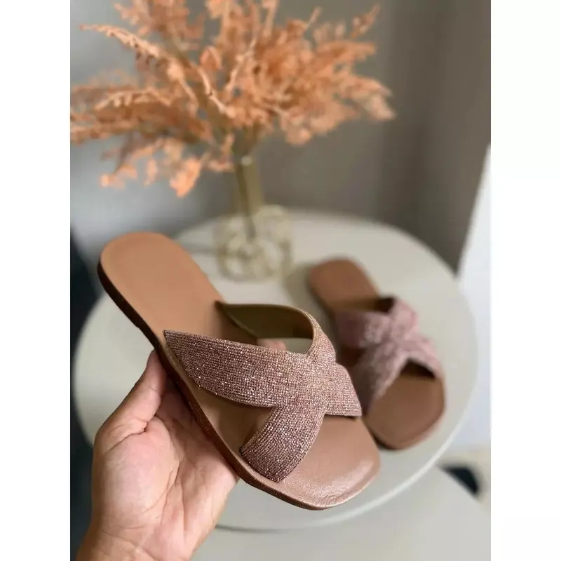 Sandalia Rasteirinha Feminina Glitter X Cruzada Chinelo Slide Confortável Casual Leve