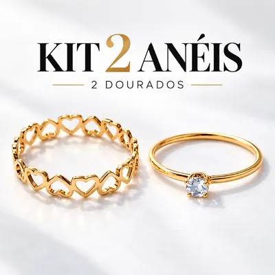 Kit 2 Anéis Femininos Dourados Aço Inox 316L Coração e Solitário Antialérgicos Luxo