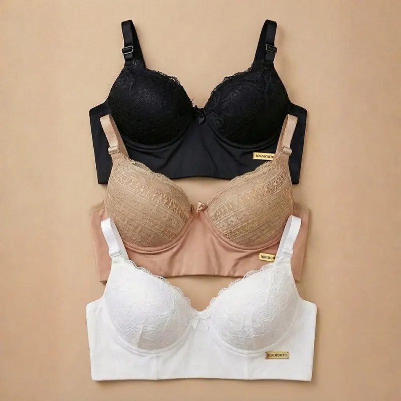 Kit 3 Sutiã Slim Cropped Reforçado Rendado com Alças Ajustáveis Lateral Larga