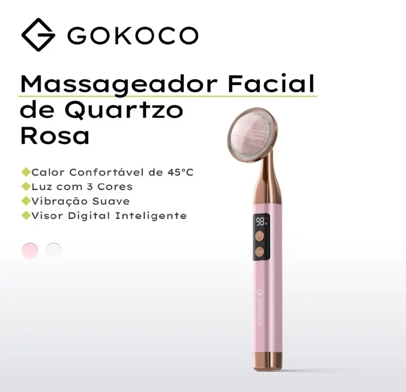 GOKOCO Massageador Facial Elétrico Quartzo Rosa com 3 Cores LED, Vibração, Aquecimento 45°C e Display Digital