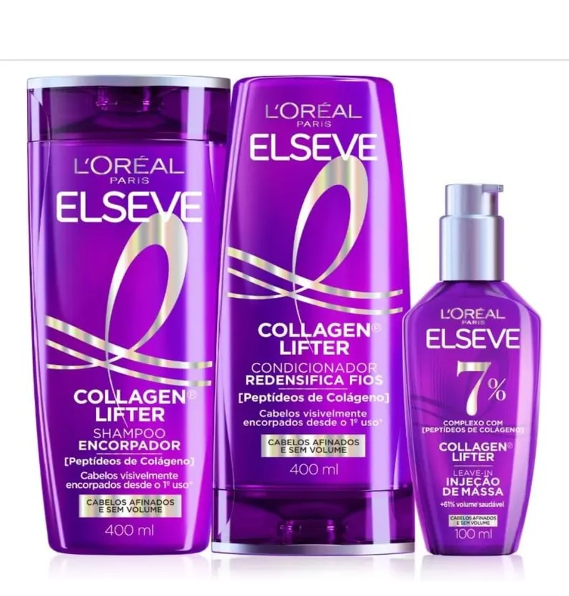 Shampoo Condicionador Sérum Elseve L'Oréal Colágeno 400ml+400ml+100ml | Protocolo reconstrutor, volume 3D, brilho imediato, fios finos, proteção térmi...