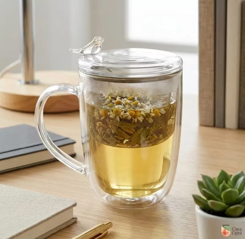 Caneca de Vidro com Infusor e Tampa de Passarinho Transparente 350ml Xícara com Filtro de Infusões