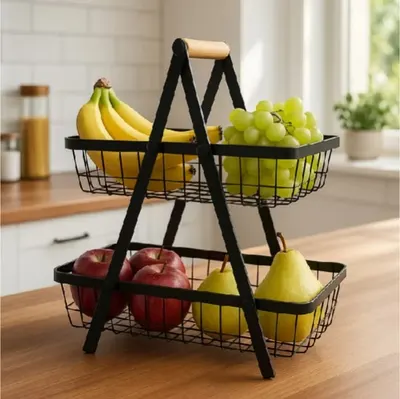 Fruteira Aramada de Ferro com Bambu 2 Andares | Multiuso Elegante para Cozinha e Bancada Premium!