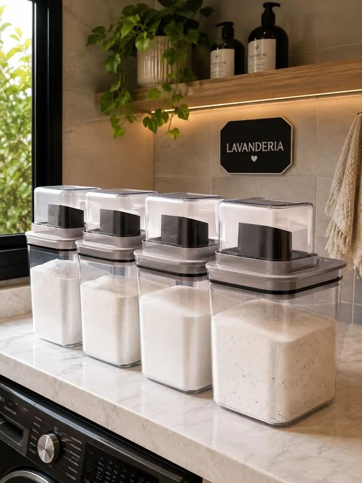 Kit 4un Dispenser Flow 1,5 Litros Porta Sabão Líquido em Pó Amaciante Alvejante Organizador Armário de Lavanderia