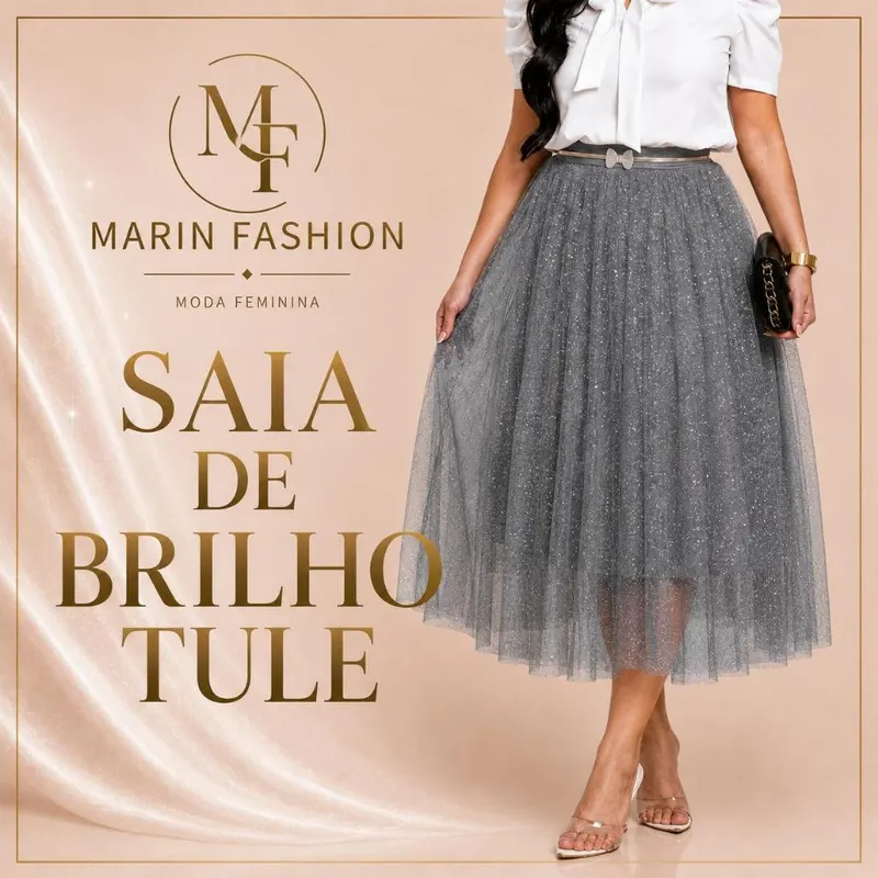 Saia Tule Cristal Midi de Brilho Glitter forrada Moda evangélica Fardamento Festividade