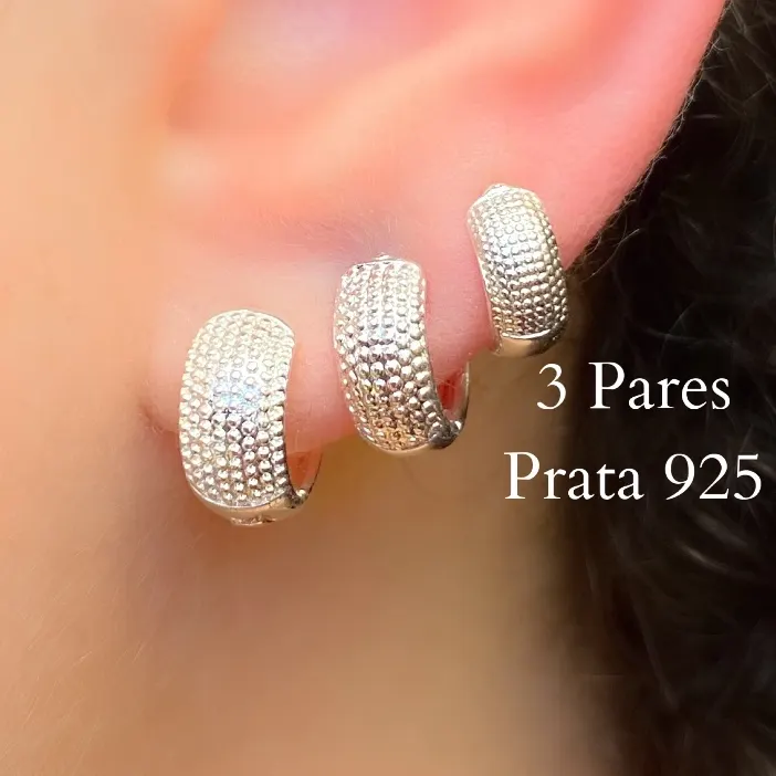 Trio Brincos Prata 925 Argolas Feminina Craquelada Fecho Click Joia Texturizada Delicada