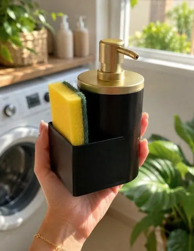Dispenser Detergente e Bucha 600ml Preto e Dourado Arthi