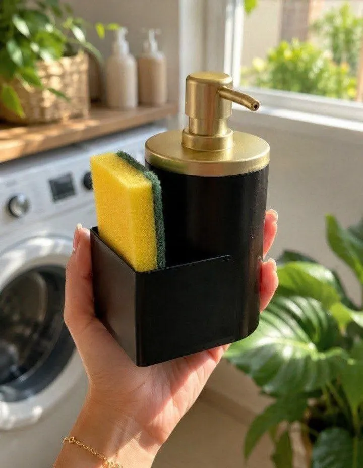 Dispenser Detergente e Bucha 600ml Preto e Dourado Arthi