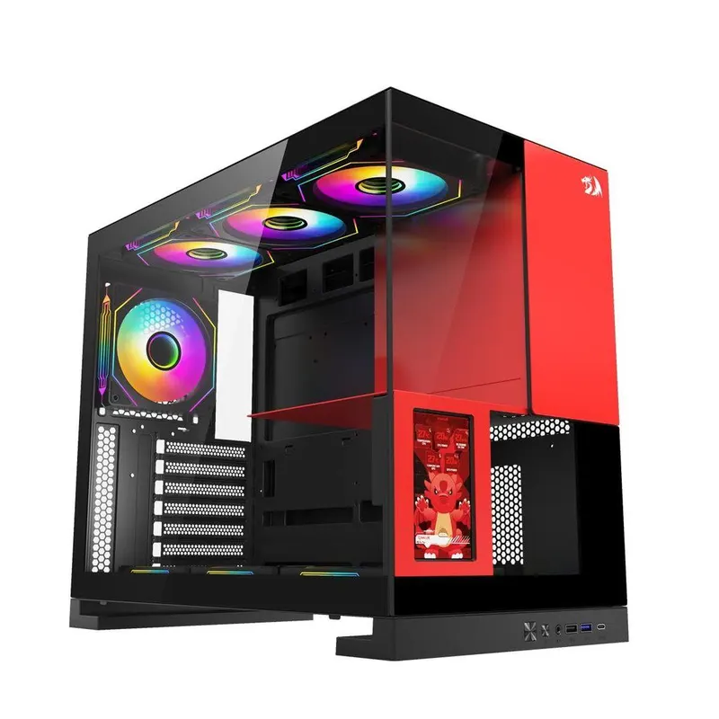 Redragon Gabinete Gamer Eternal Pro Mid Tower Aço e Vidro Temperado Sem Fans c/ Tela Lcd Atx Preto e Vermelho Ca-613Br