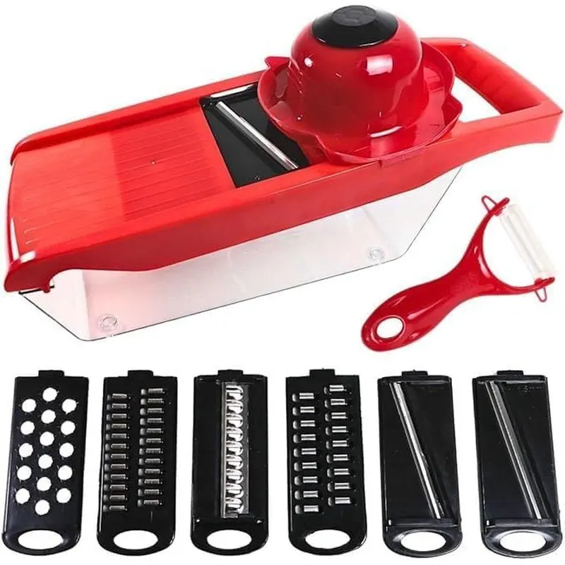 Cortador Fatiador e Ralador de Legumes 6 em 1 Profissional com Lâminas Inox Protetor e Recipiente 800ml para Legumes Verduras e Frutas