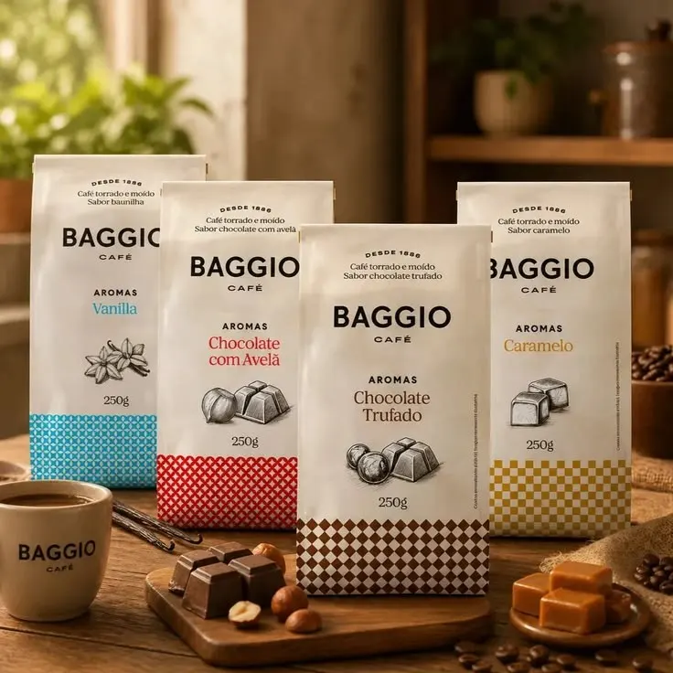 Kit Café Moído Baggio Aromas 1kg (4x250g) - Caramelo, Chocolate Trufado, Chocolate com Avelã e Menta