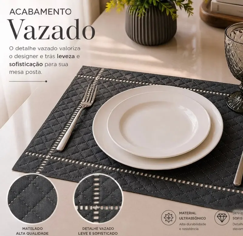 Jogo Americano Souplat Retangular Mesa Posta Kit 2 4 6 8 Lugares Matelado Ultrassônico Design Palito