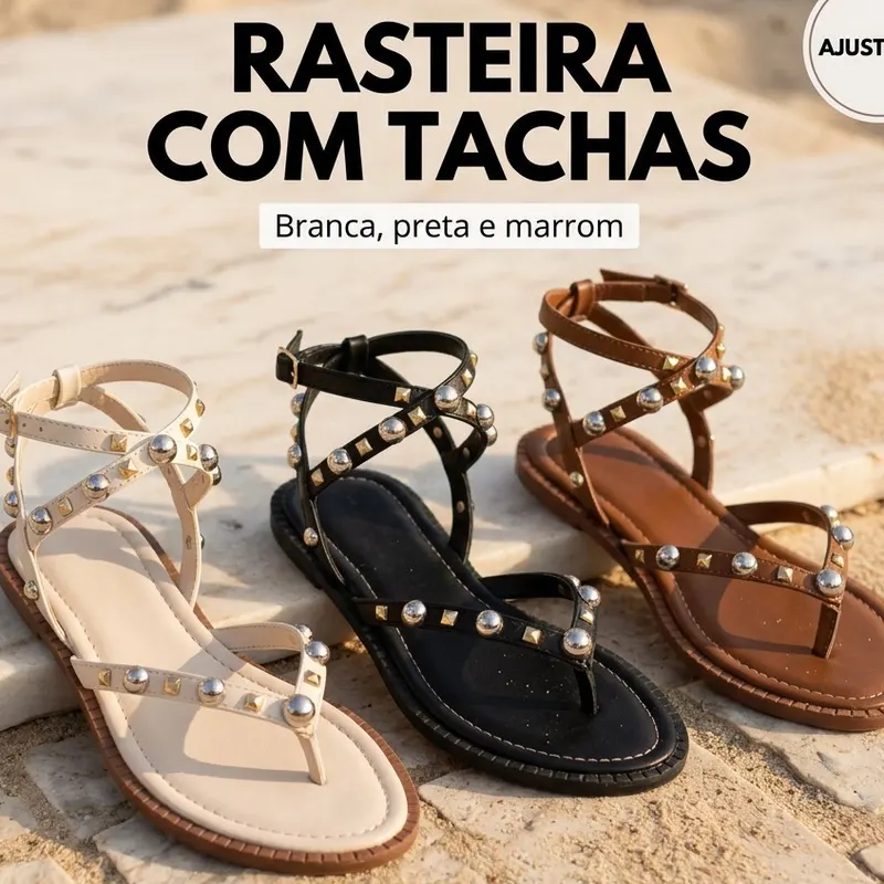 Sandália Rasteira Feminina Gladiadora Tachas Douradas e Prateadas Tira no Tornozelo