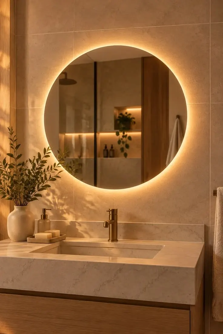 Espelho Redondo 40cm com LED e Fonte Lapidado Decorativo Para Quarto Sala Banheiro