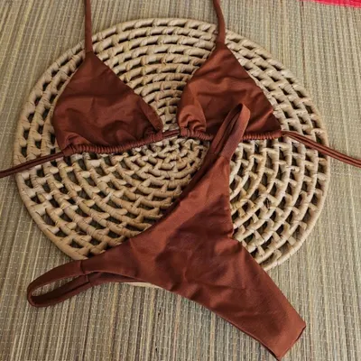 Biquíni Cortininha + calcinha marquinha de fita bronze Marrom Chocolate | perola | preto