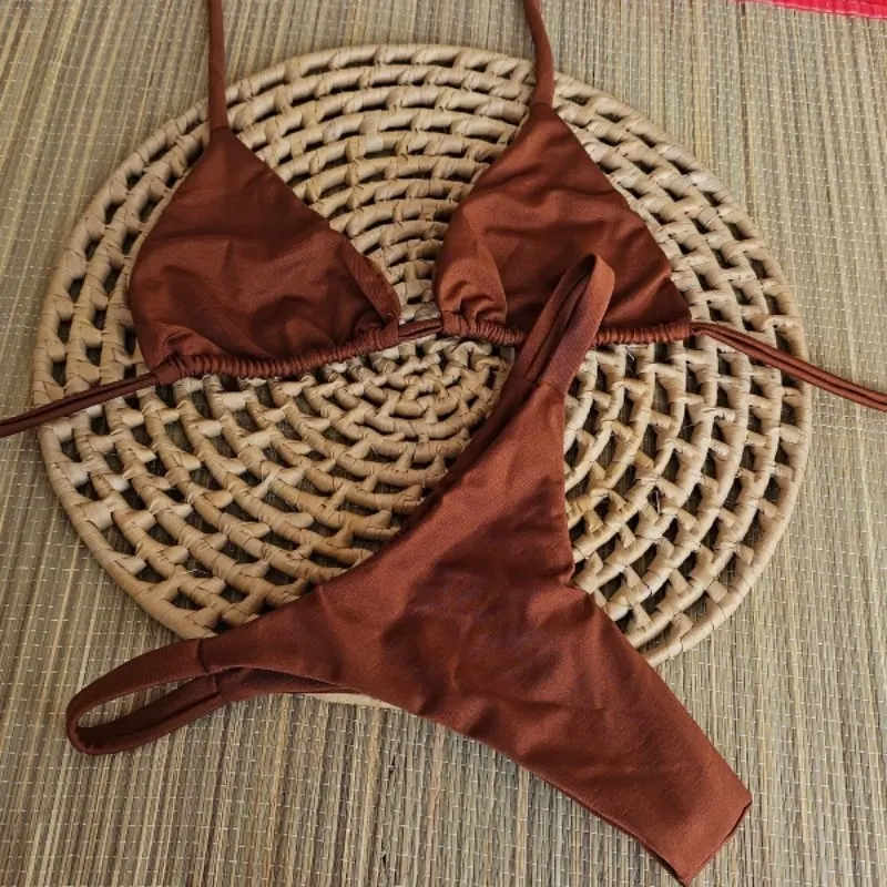 Biquíni Cortininha + calcinha marquinha de fita bronze Marrom Chocolate | perola | preto