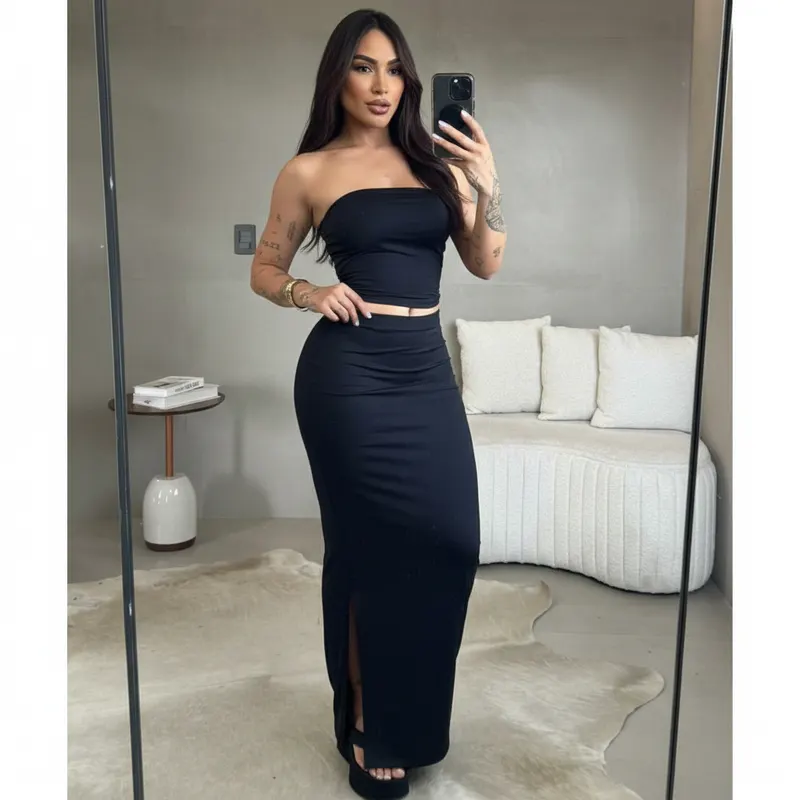 Conjunto Feminino Cropped Tomara que Caia + Saia Midi com Fenda | Look Elegante Moda