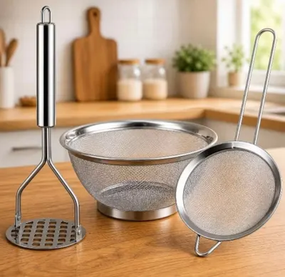 Kit Cozinha Inox Peneira + Cesta + Amassador Resistente Multiuso