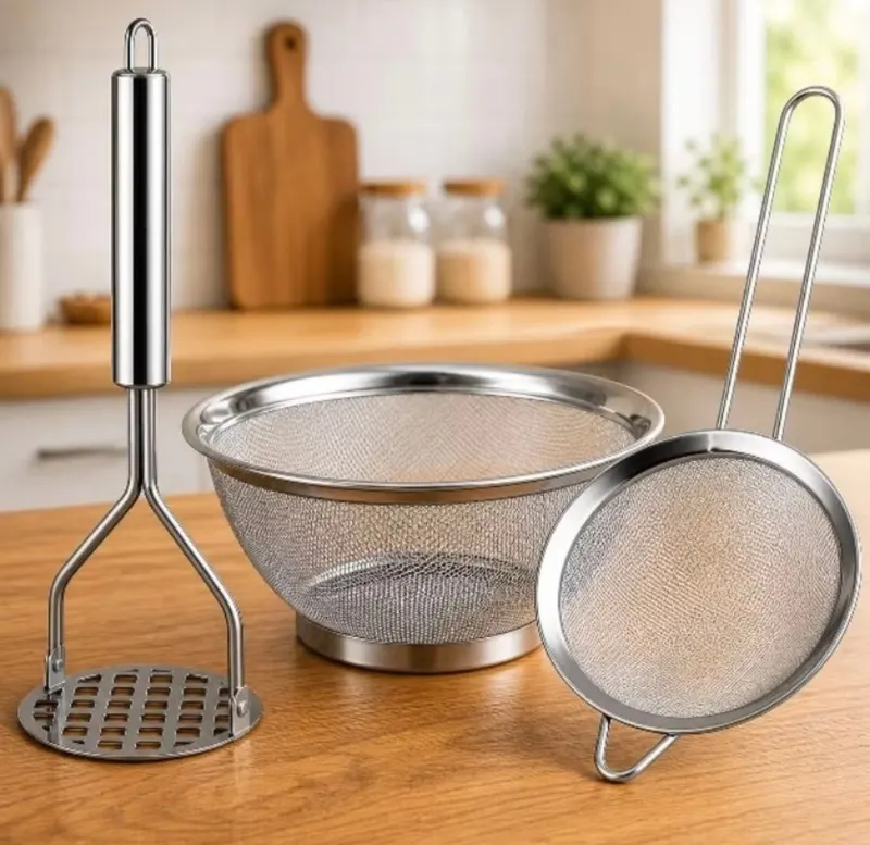 Kit Cozinha Inox Peneira + Cesta + Amassador Resistente Multiuso