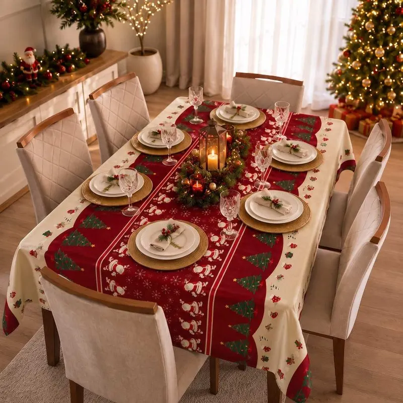 Toalha de Mesa Natal 2,00x1,40 Decoração Para Mesa 6 Cadeiras Oxford Com Bainha