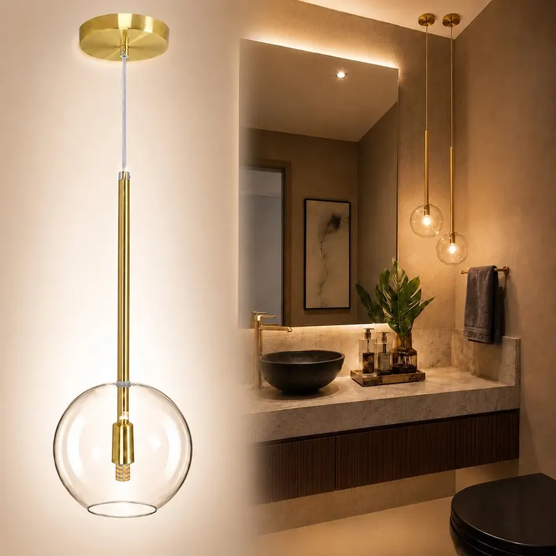 Pendente Lux Dourado Globo Vidro Cristal + Led