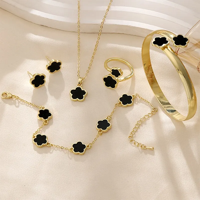 Moda 5 Pçs/Set 18K Ouro Preto Trevo Folha Flor Sorte Pulseira Colar Anel Brincos