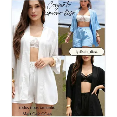 Conjunto Kimono Femenino lisa,Moda Verão blusa manga flare e short com bolso .Elegante M