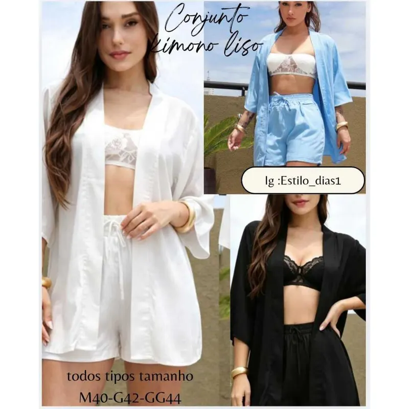 Conjunto Kimono Femenino lisa,Moda Verão blusa manga flare e short com bolso .Elegante M
