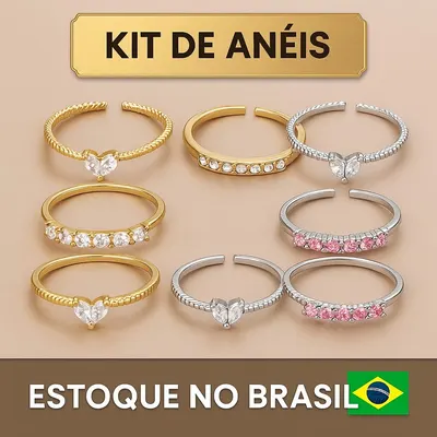 Conjunto de Anel de Coração com Zircônia, Elegante, Ajustável, Dourado ou Prateado – Joia