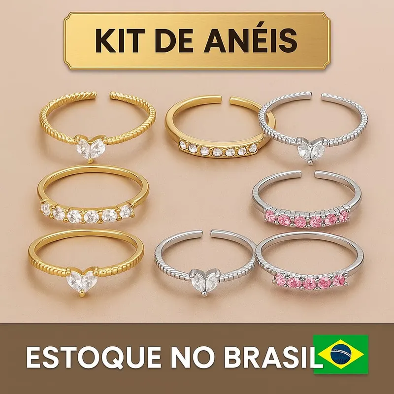 Conjunto de Anel de Coração com Zircônia, Elegante, Ajustável, Dourado ou Prateado – Joia