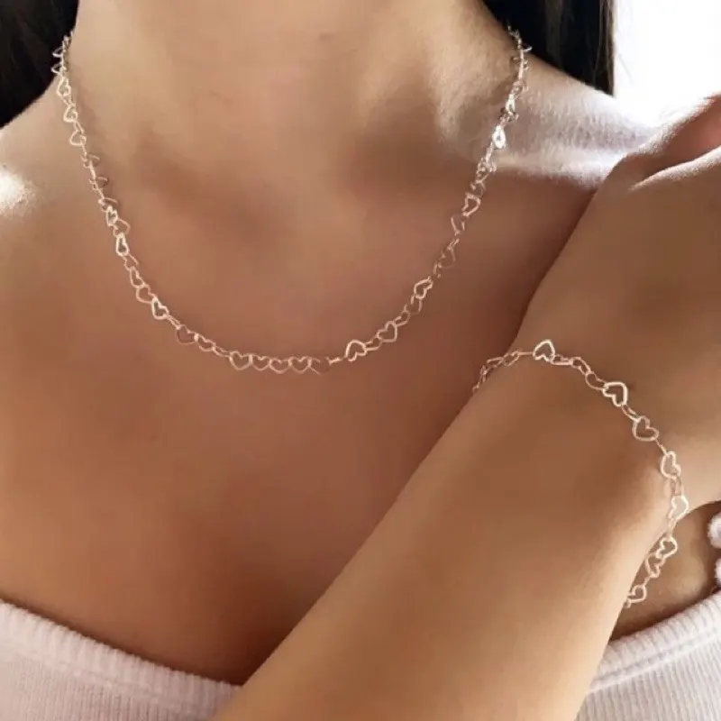 Conjunto Colar E Pulseira De Prata 925 a ouro 18k Corrente Feminina Coração