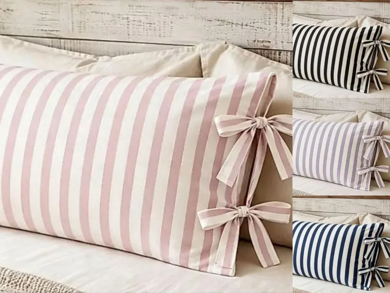 Fronha Avulsa Laços Laterais 70x50cm - Fronha Farm House Luxo 100% Algodão - Estampa listrada e Cores Lisas - Cama Posta