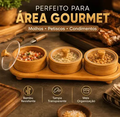 Kit Potes De Bambu Livon Com Tampa Acrílico Para Molhos Petiscos Condimentos Mesa Posta